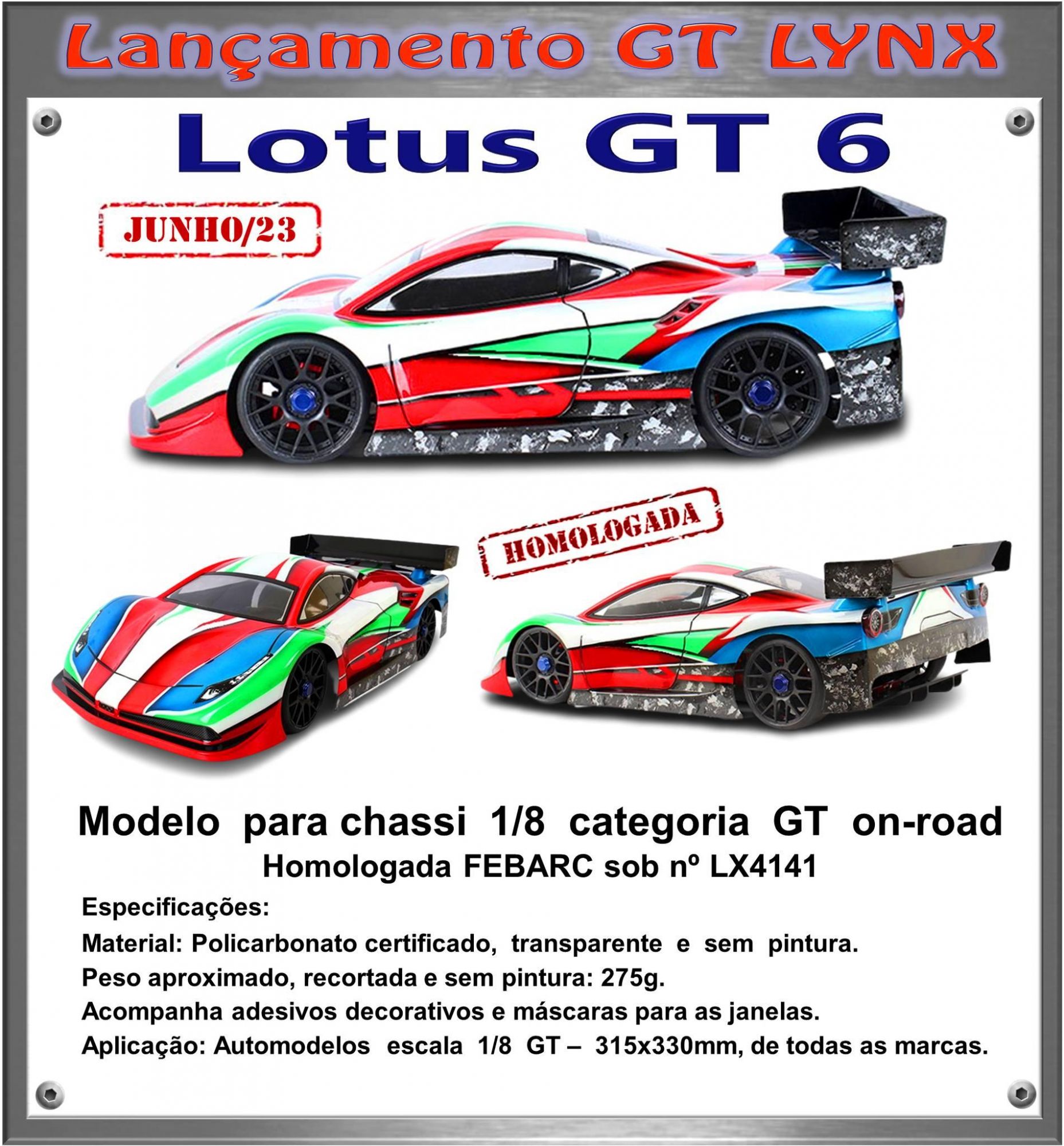 Bolha Lotus GT6 - 1/8 para Kyosho GT1 315x330mm LHP 1114